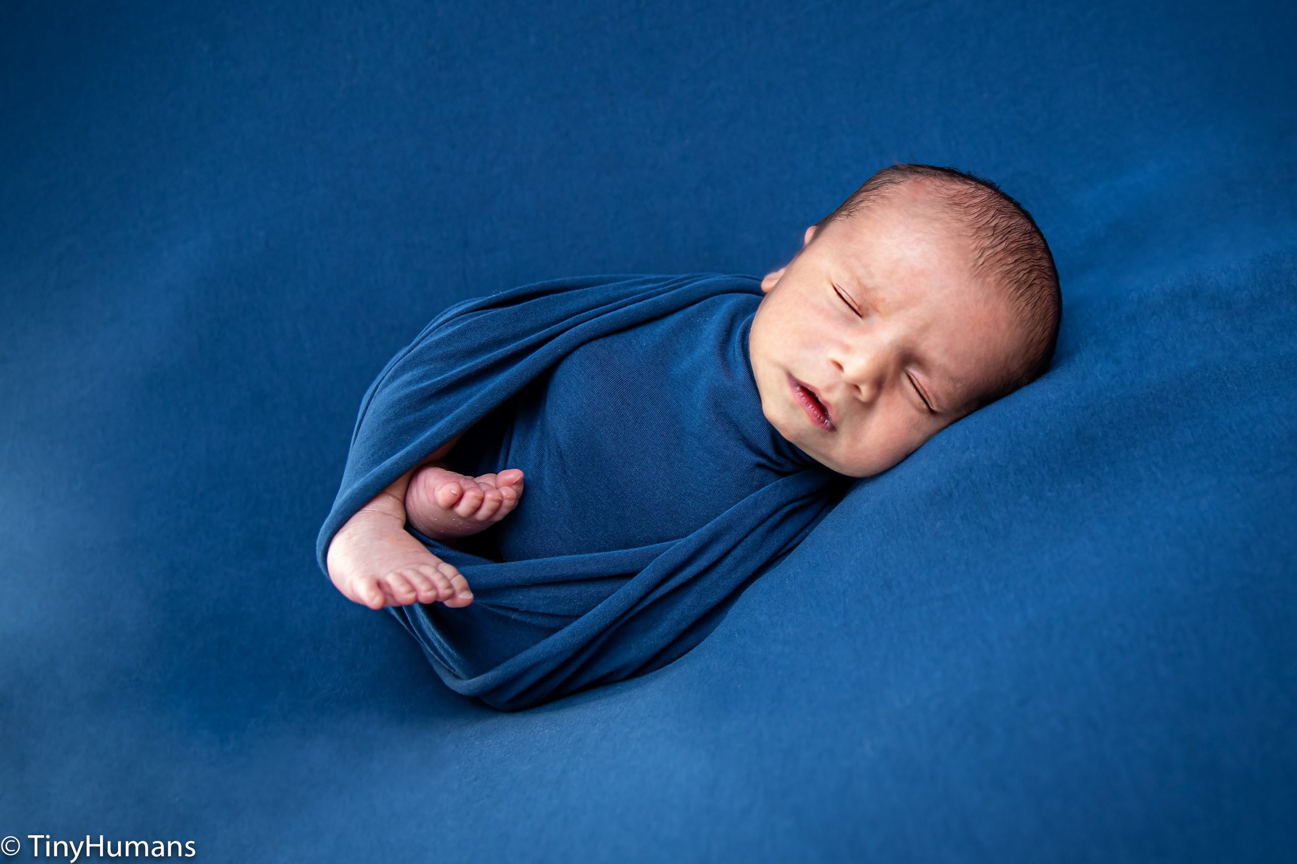 Newborn baby on blue wrap and backdrop